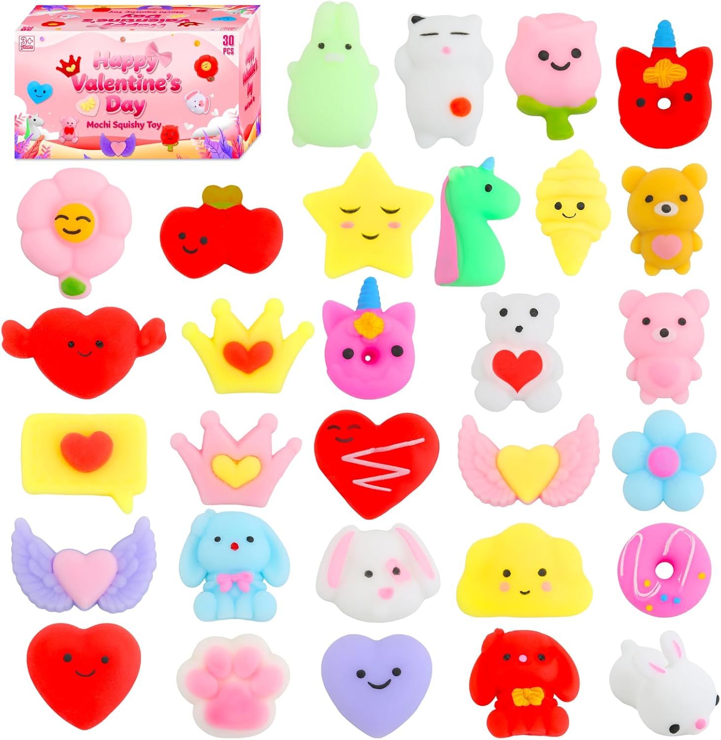Colorful 30-pack of Mantyplay squishy toys, kawaii squishies party favors for kids ages 4-12, featuring soft, squeezable designs.