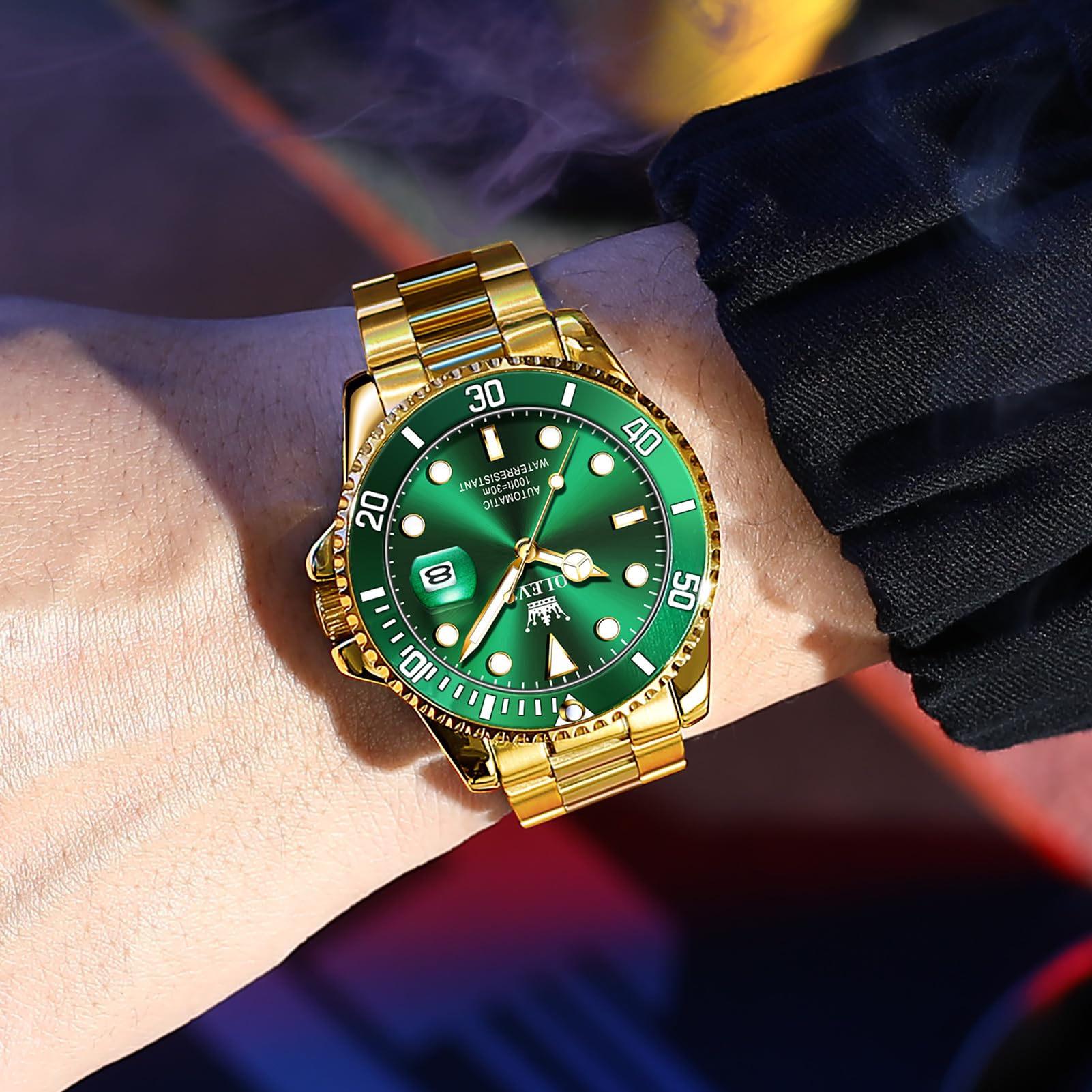 OLEVS Men's Luxury Gold Automatic Watch Green Dial Luminous