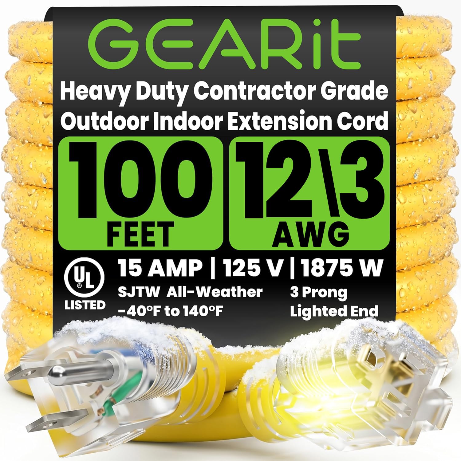 GEARit 100 ft Heavy Duty Outdoor Extension Cord, 12/3 SJTW, 12 AW - GEARit Official Product View 1