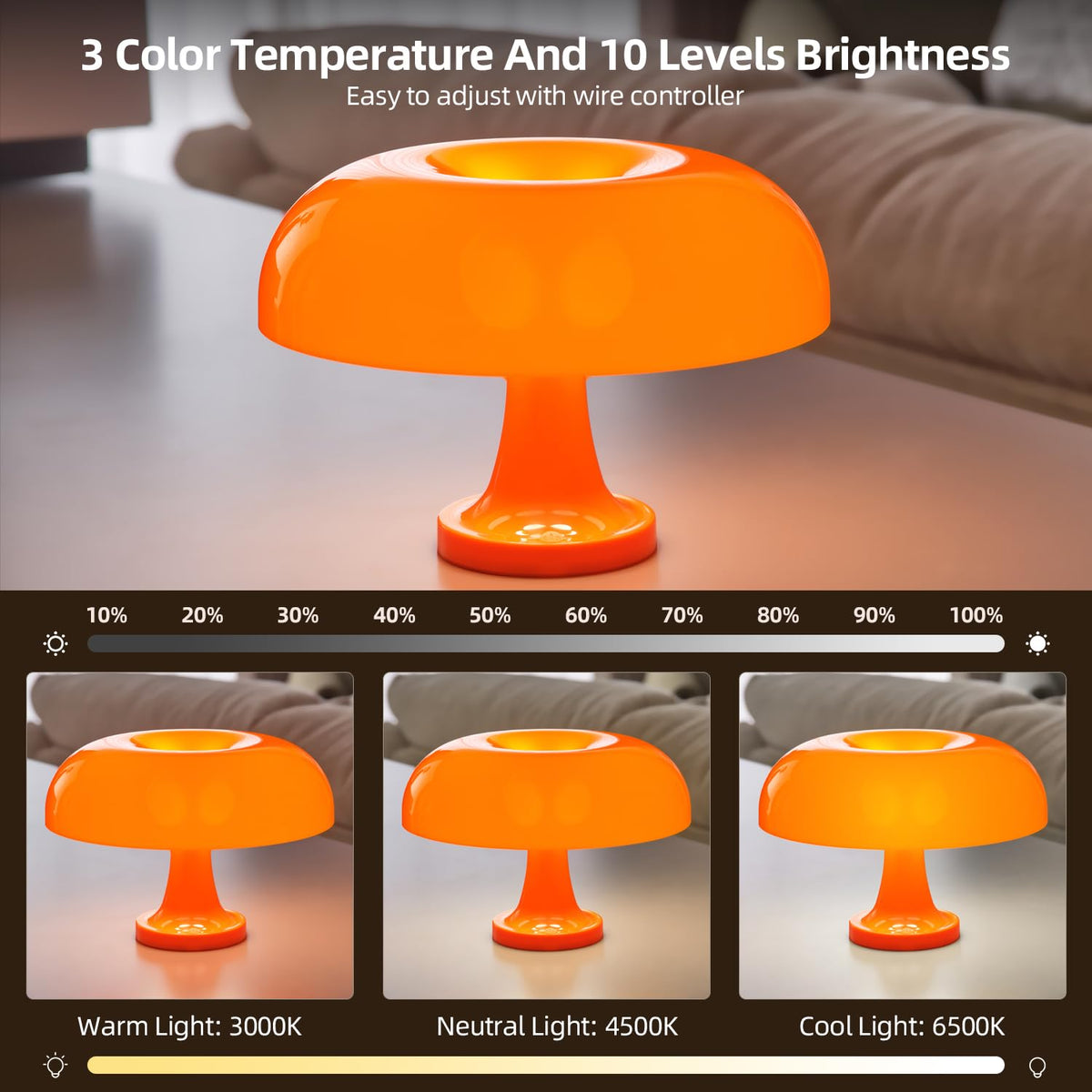 Cordless Mushroom Table Lamp Rechargeable Orange Bedside - DIVEKID Official Imagery - 4