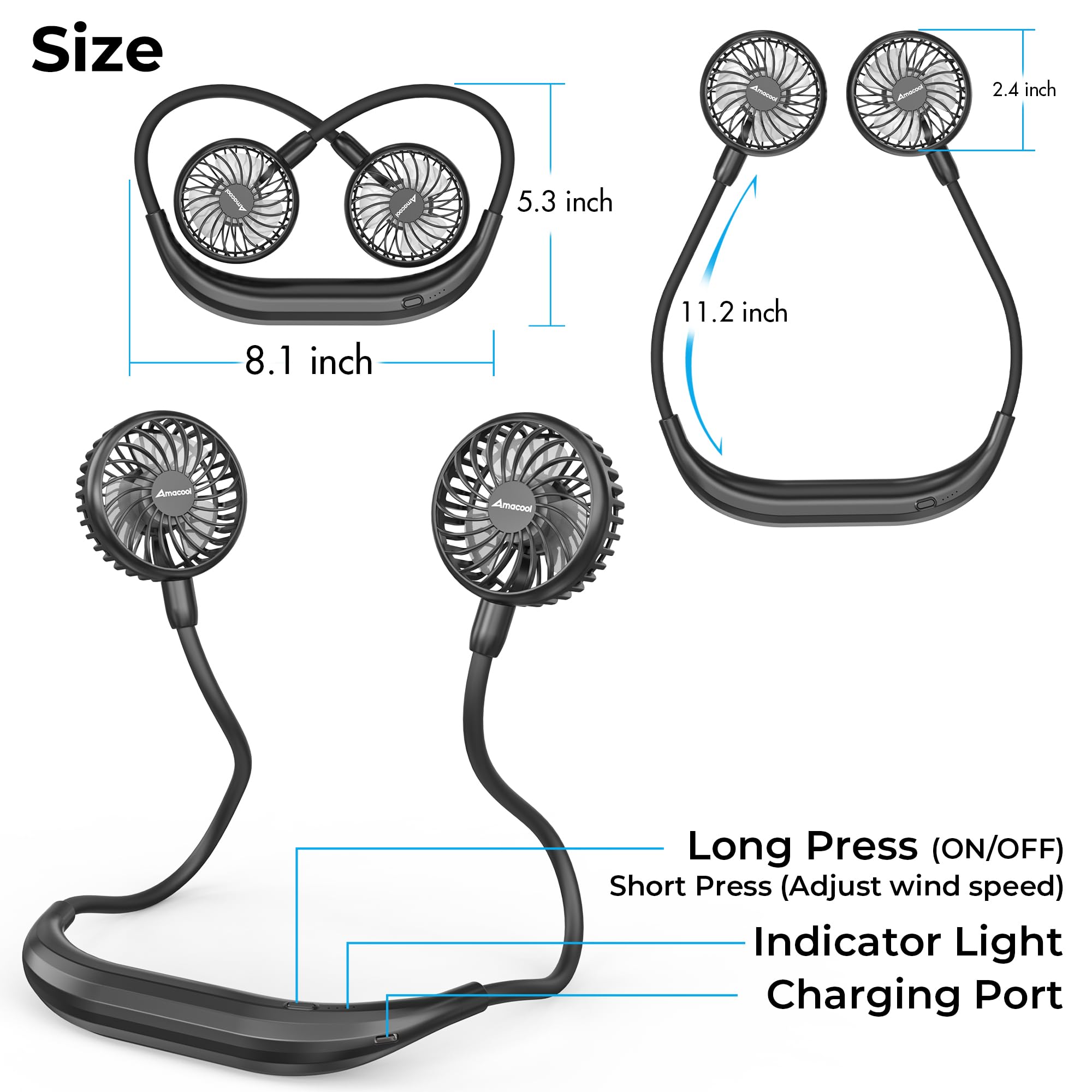 AMACOOL Portable Neck Fan, Lightweight Wearable with Hands-Free C - AMACOOL Official Product View 2