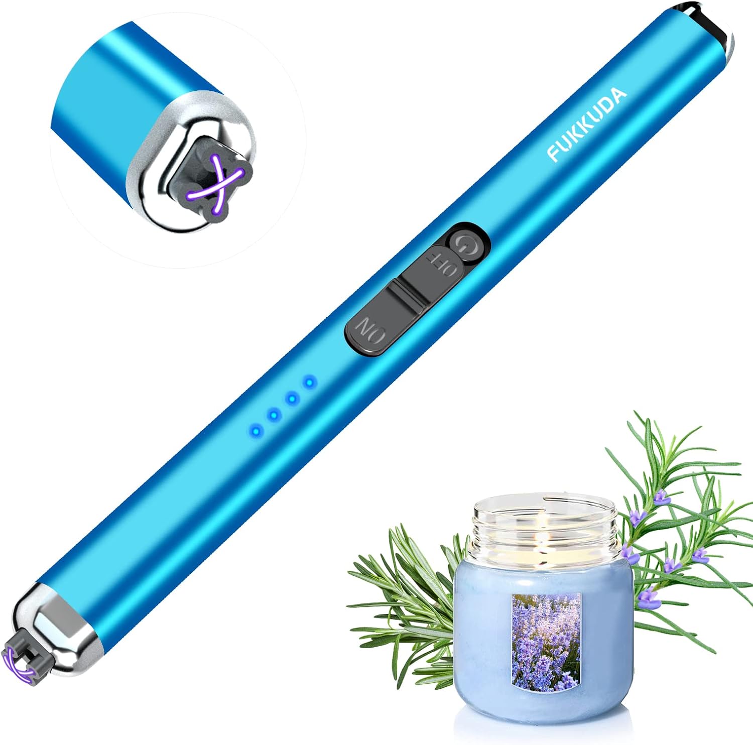 FUKKUDA electric candle lighter with safety switch, USB rechargeable and windproof, shown with lit candle in a modern setting.
