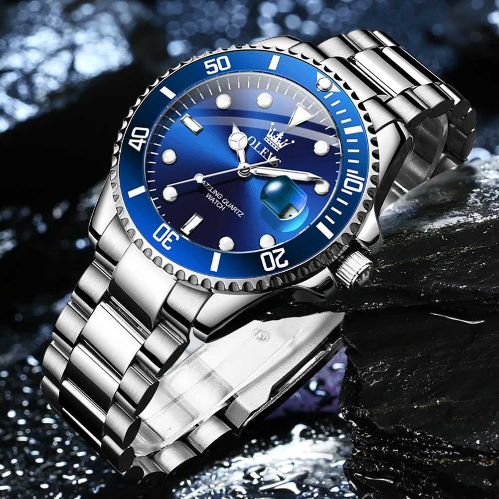 OLEVS Men's Silver & Blue Ocean Dial Dress Watch Quartz Date
