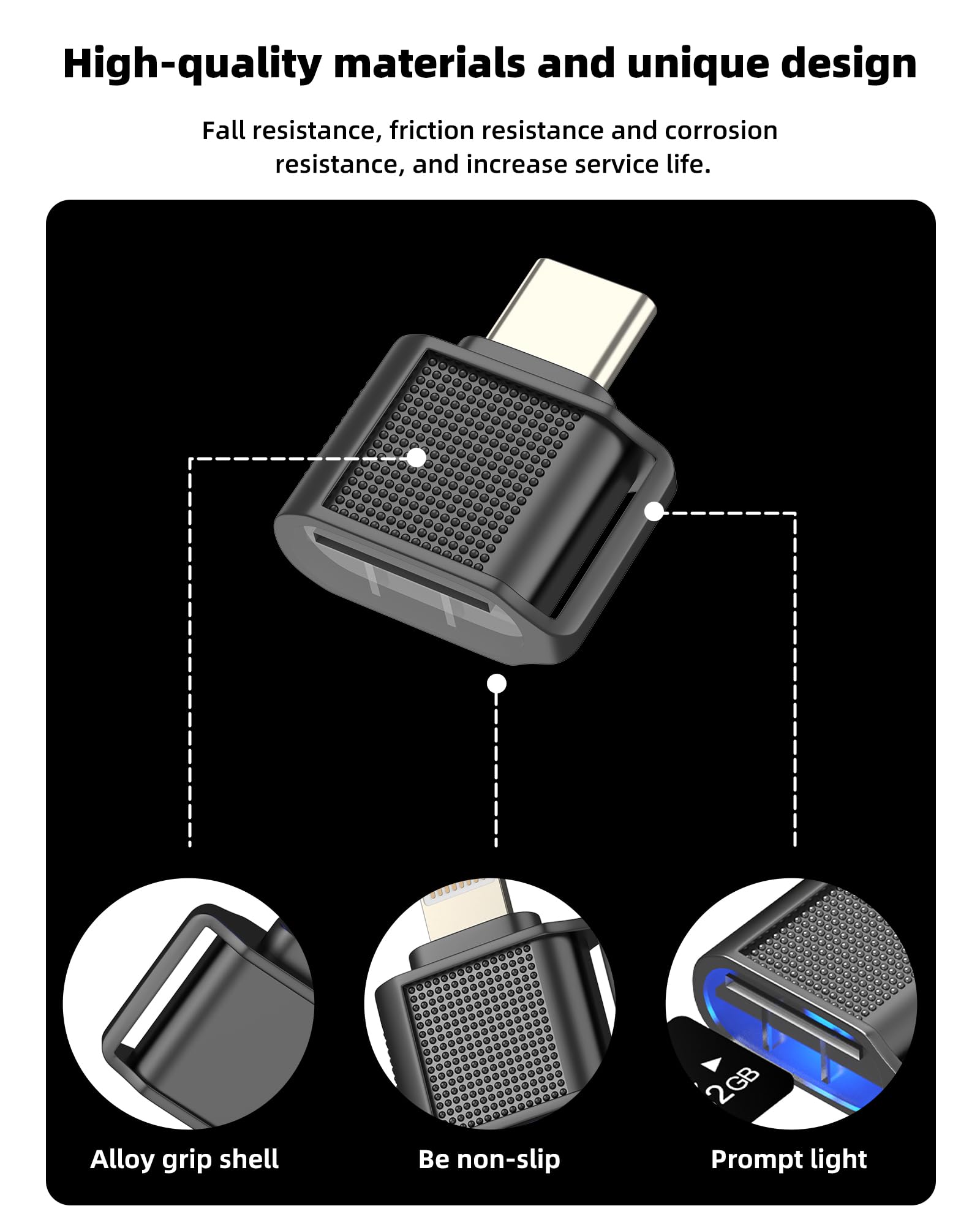 Aksenli micro SD card reader adapter for iPhone and USB C devices, compact digital camera memory stick converter with slot for photos.
