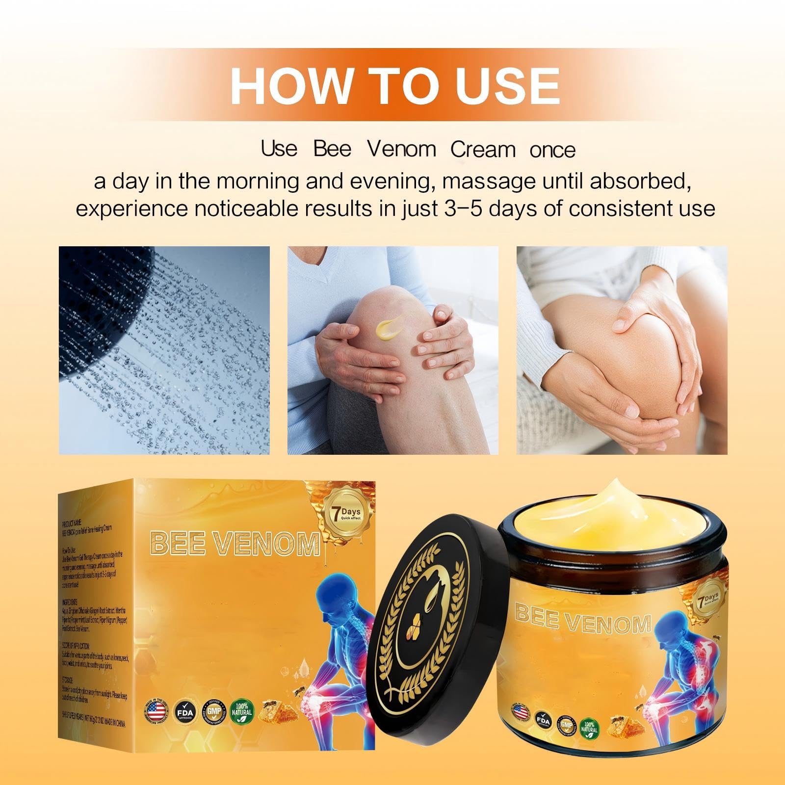 2 Pcs Bee Venom Relief Bone Cream, Bee Venom Joint Relief Cream for Knee, Waist,Back Hand, Feet & Leg Soothing Caref.