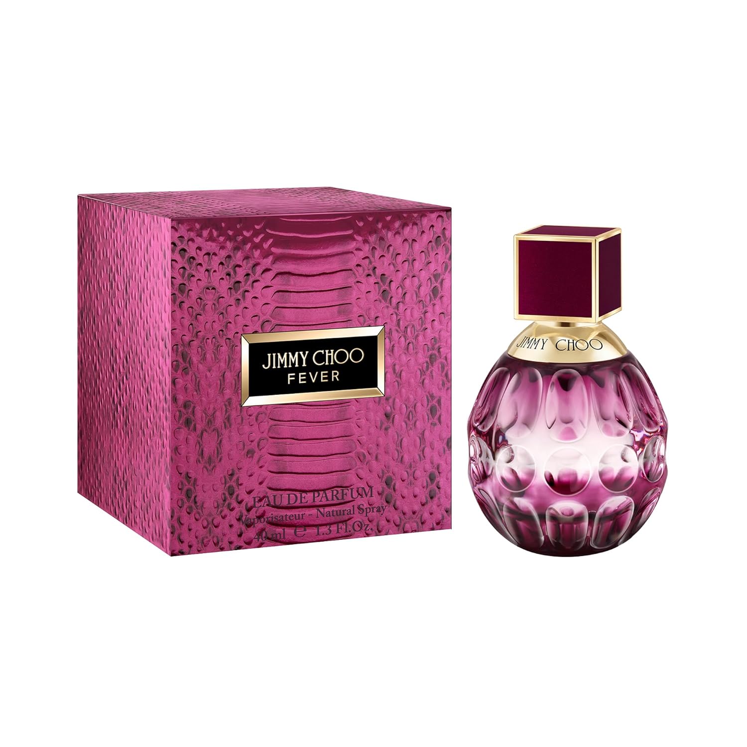 Jimmy Choo Fever Eau de Parfum women's floral gourmand fragrance bottle with elegant design and floral accents.