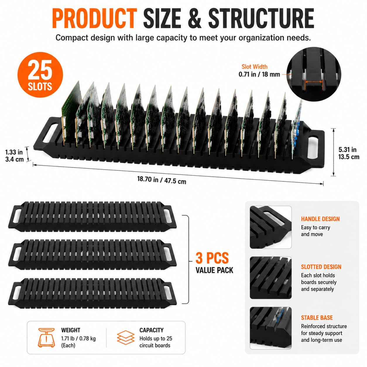Hemoton ESD PCB holder rack with 25 slots, professional circuit board storage organizer mounted bracket for electronic work.