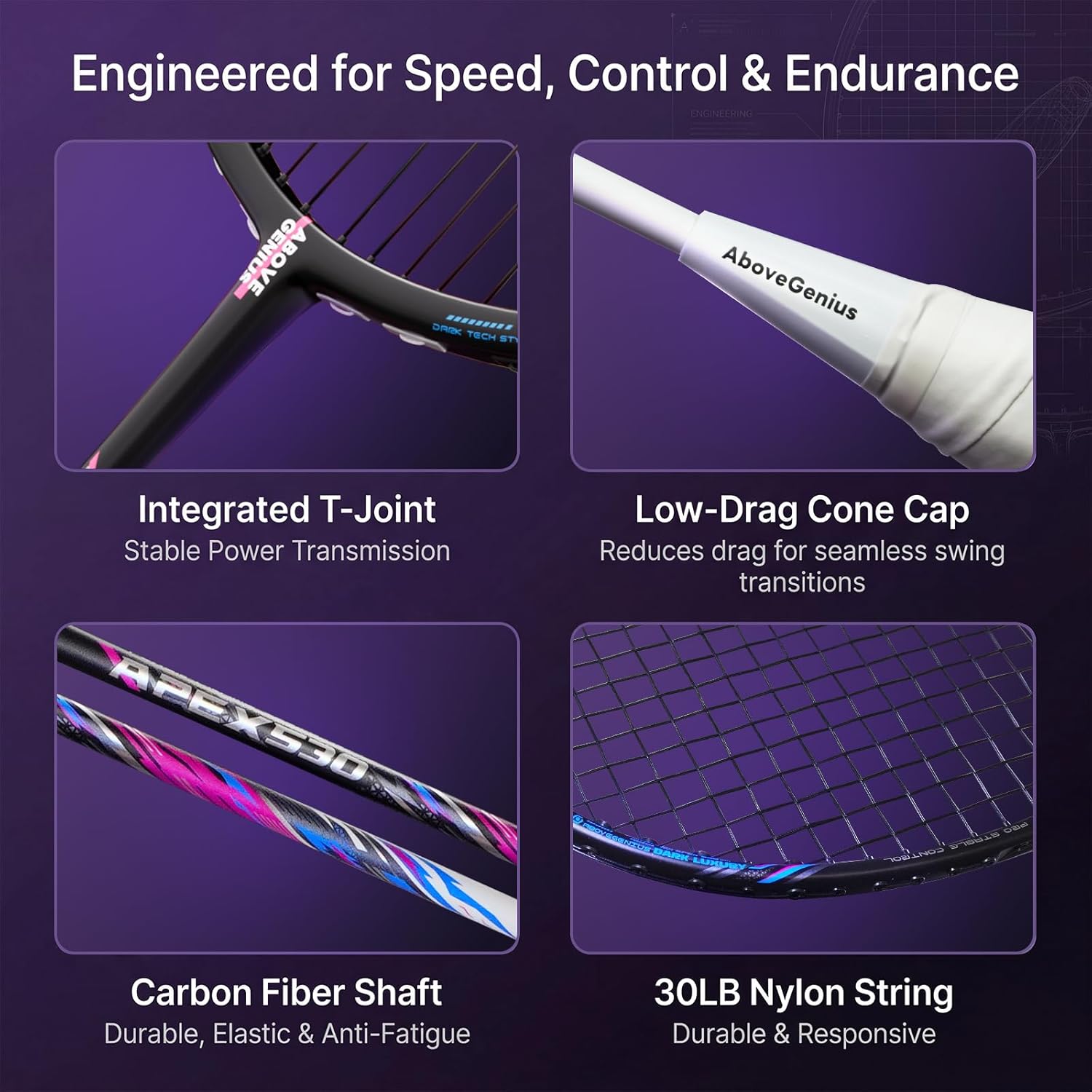 AboveGenius carbon fiber badminton racket set with professional racquets and grips, designed for performance and durability.
