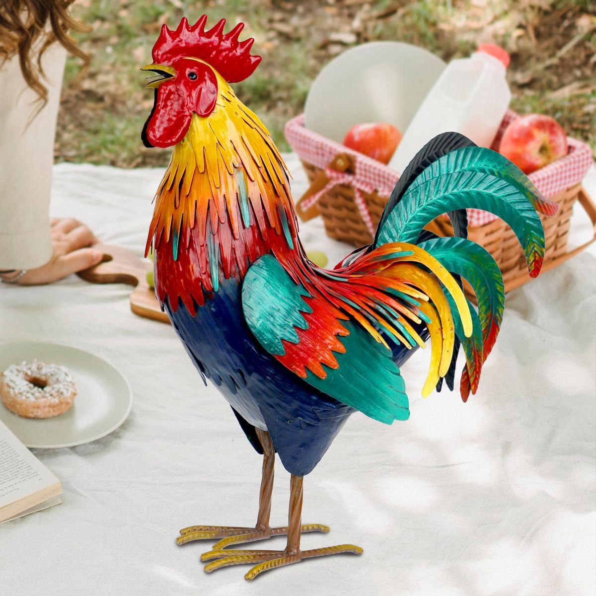 Kircust metal rooster garden statue for outdoor yard decor, featuring detailed chicken design in rustic metal finish.