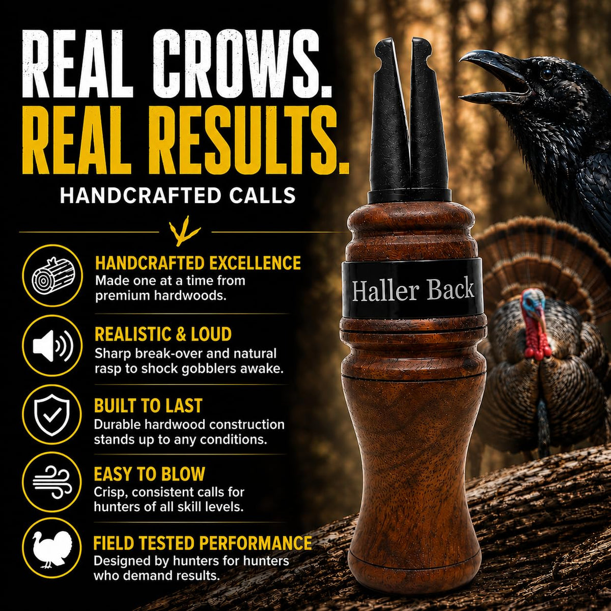 Haller Back Handcrafted Crow Call Premium Hardwood Crow Call - Haller Back Game Calls Official Imagery - 3