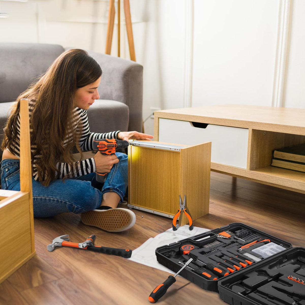 Orange Cordless Drill Driver Set 12V with Charger 195PCS - Yougfin Official Imagery - 3