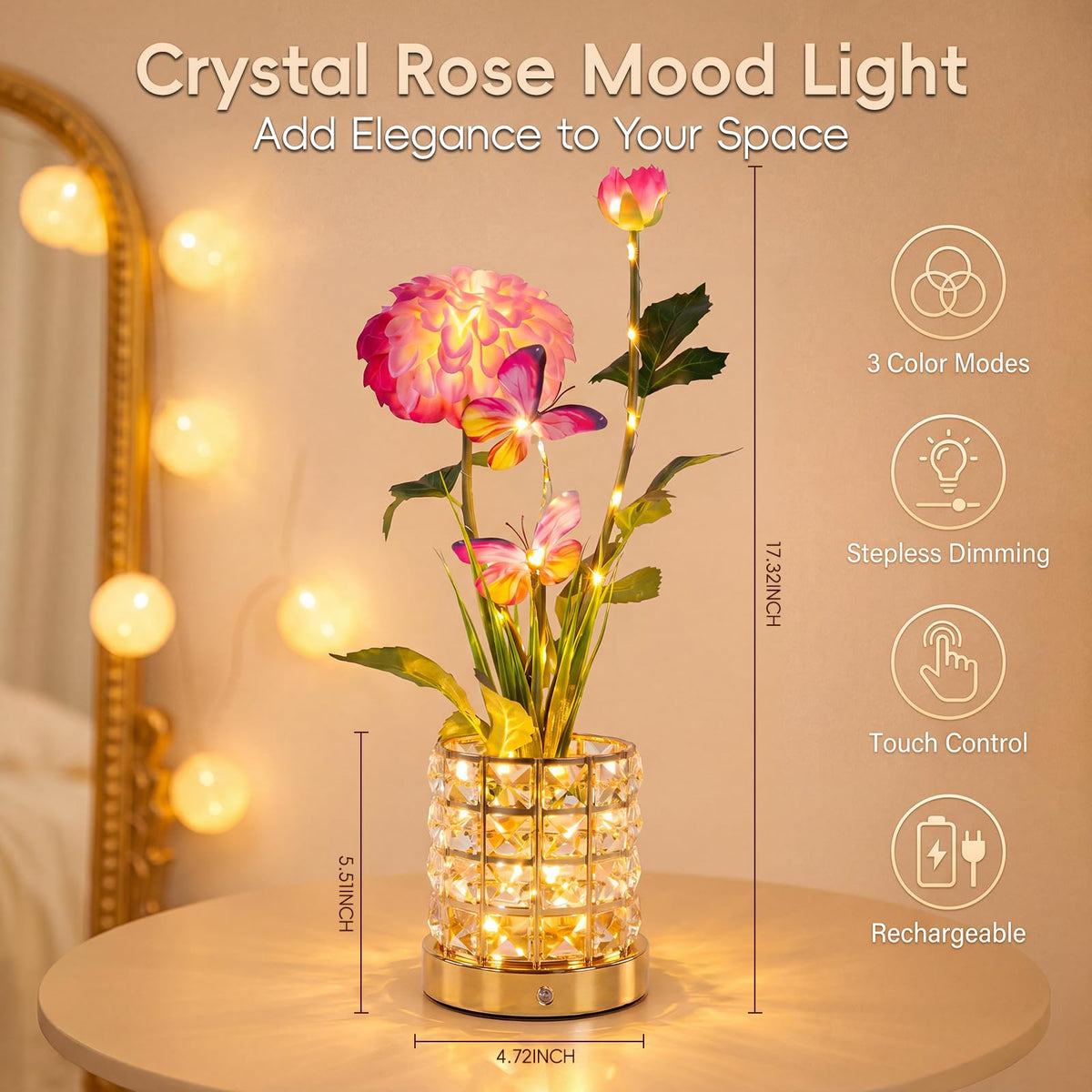 Butterfly Dahlia LED Crystal Lamp Rechargeable Touch Night - YWYWLED Official Imagery - 3