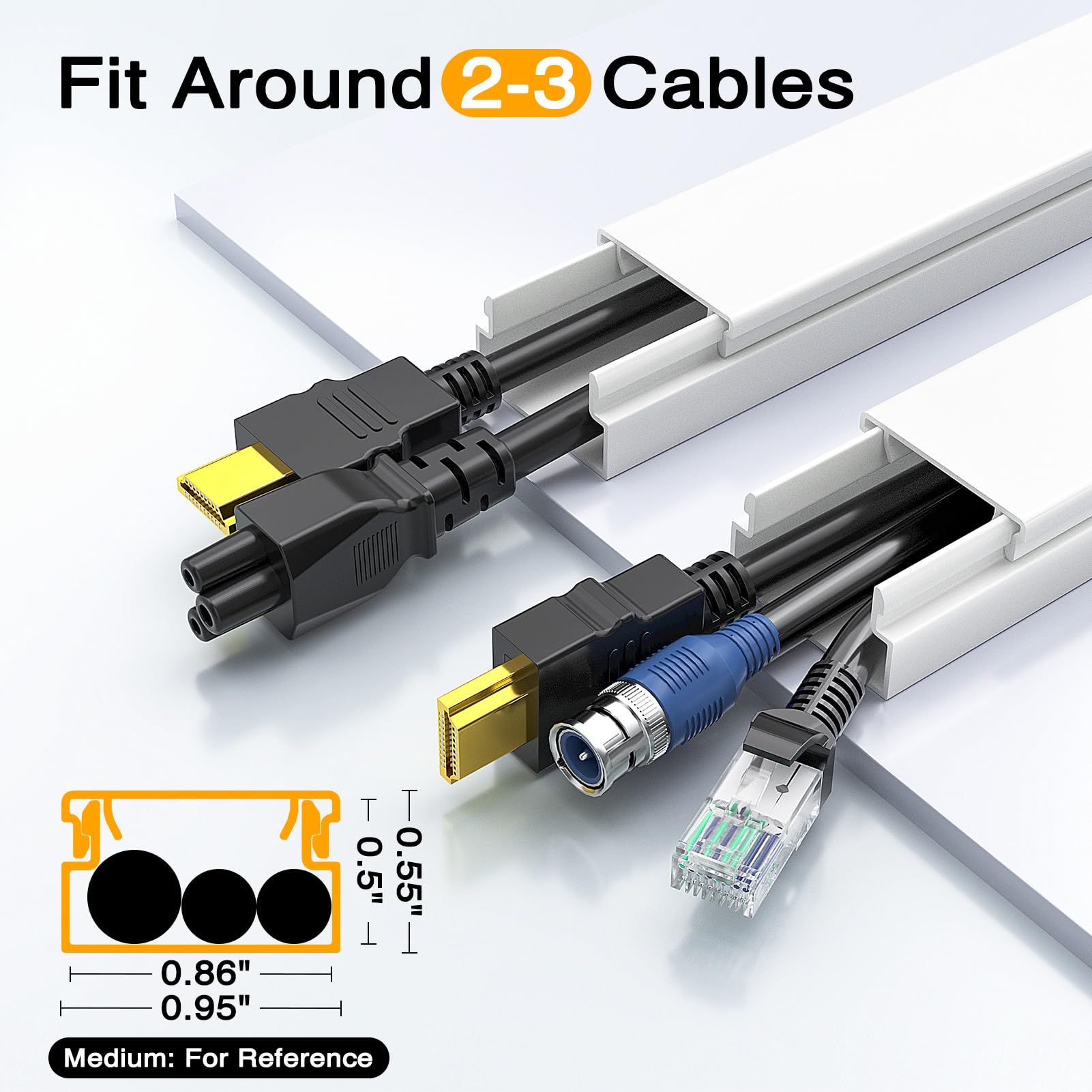 Delamu cord management cover showing 157-inch white wire covers for wall cables and TV wiring, cable raceway kit for neat wiring.