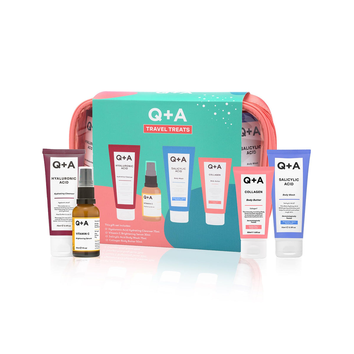 Q A Travel Treats Gift Set 4 Piece Skincare Bodycare Minis - Q+A Official Imagery - 2