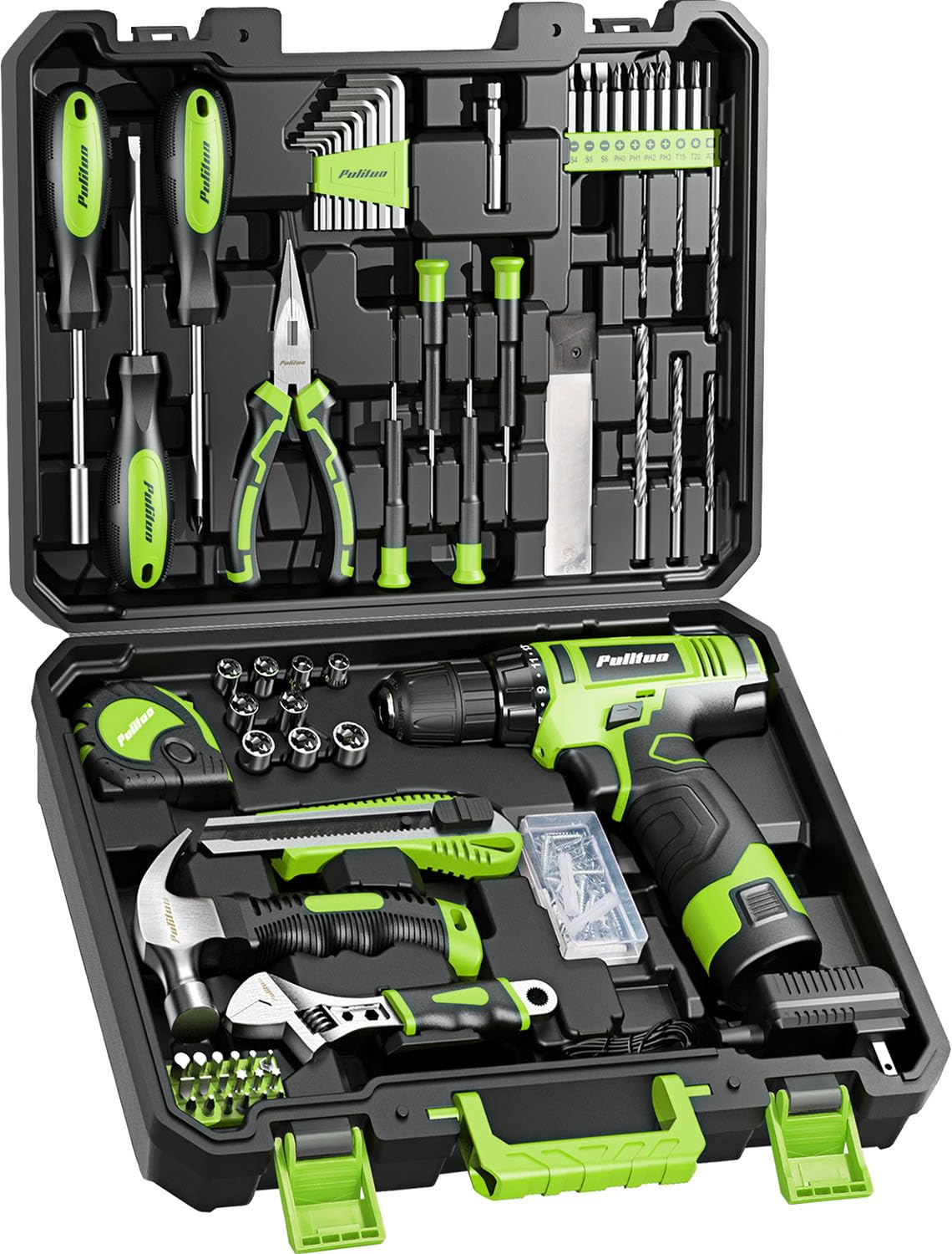 PULITUO Drill Set 149 Piece Home Tool Set with Green 12V - PULITUO Official Imagery - 1
