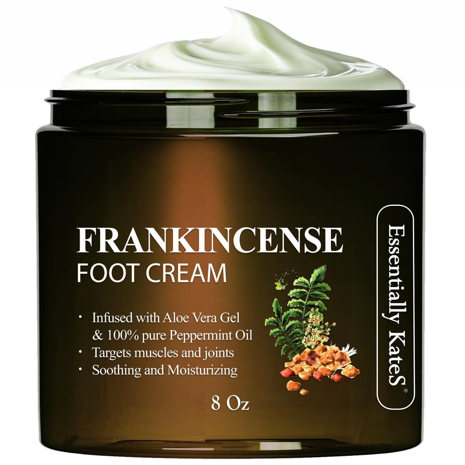 Essentially KateS Frankincense Oil Foot Cream in 8 oz jar, moisturizing skin with natural frankincense for smooth, healthy feet.