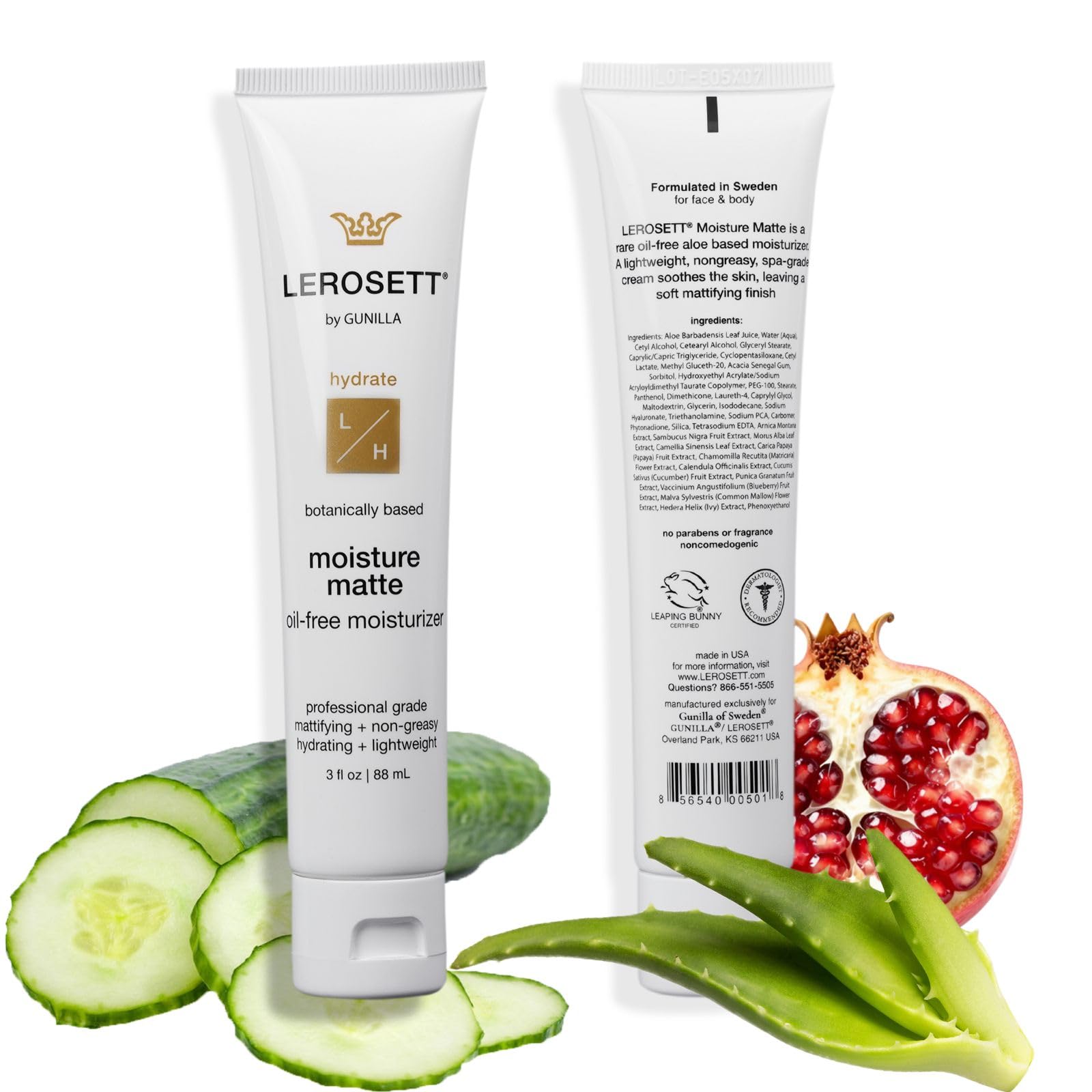 LEROSETT Oil-Free Moisturizer for Oily & Sensitive Skin, Lightweight Matte Hydration, Vegan Moisturizer, Aloe-Based with Vit-B5 + 7 Soothing Herbals, Non-comedogenic, Fragrance Free - 3 oz - Gunilla Of Sweden Official Product View 3