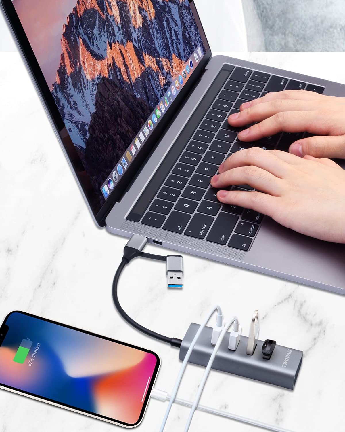 TWOPAN 4-Port USB 3.0 Hub for Laptop, Aluminum Alloy, USB-A & USB-C Plugs, 5Gbps Data Transfer, Compatible with MacBook Pro/Air, iMac, iPhone 16/15, Desktops, Tablets, Keyboard, Mouse, Mobile HDD