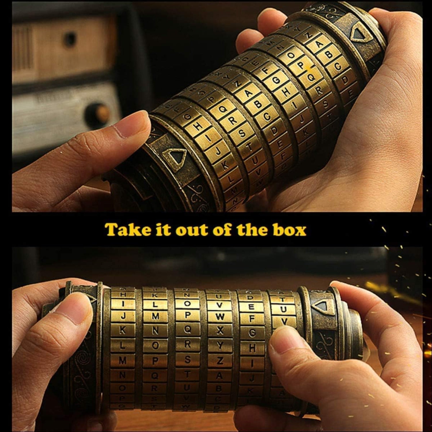 Mini Cryptex Da Vinci Code lock puzzle box by coejokno, featuring a vintage-style metal design with a rotating combination dial.