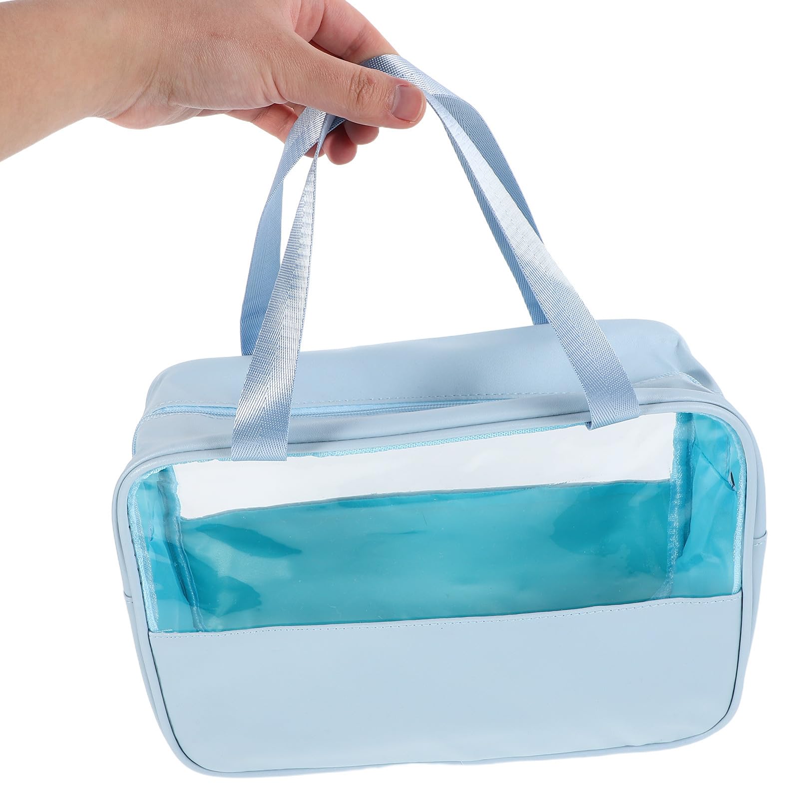 Healifty Large Capacity Waterproof Makeup Bag with Handle, Blue Large Multifunctional Travel Toiletry Organizer Pouch for Women, Portable Cosmetic Storage and Wash Bag for School and Travel