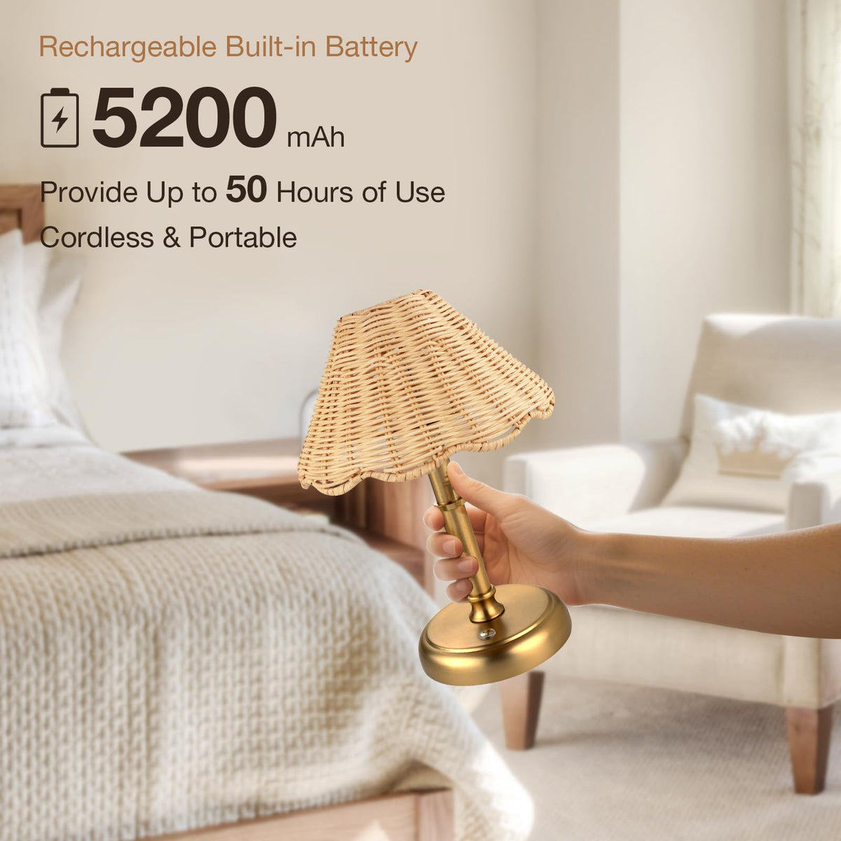 Mini Cordless Boho Rattan Table lamp 5200 mAh Rechargeable - Folux Official Imagery - 7