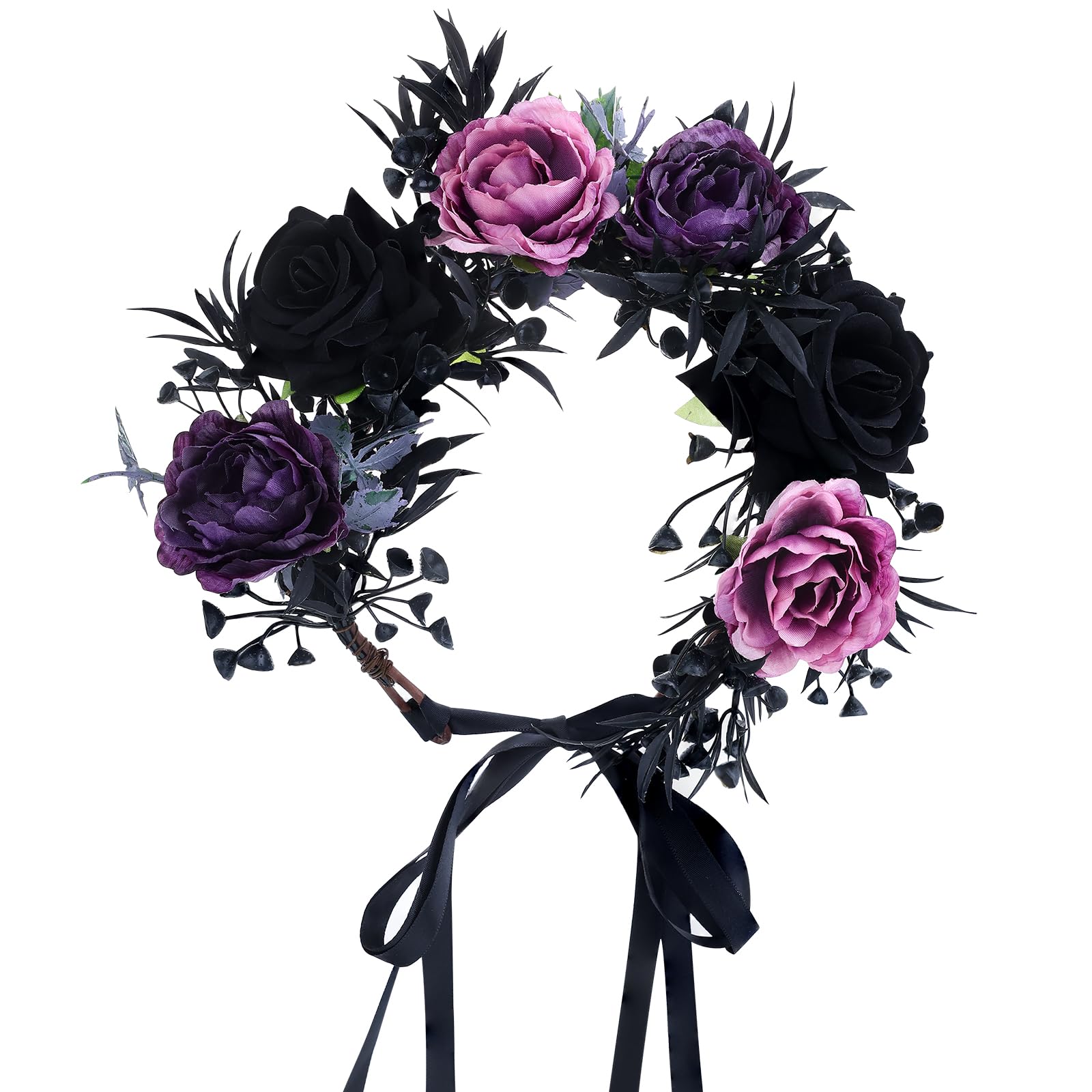 Black and purple gothic flower crown hairband with roses and dark romantic design, perfect for alternative fashion styles.