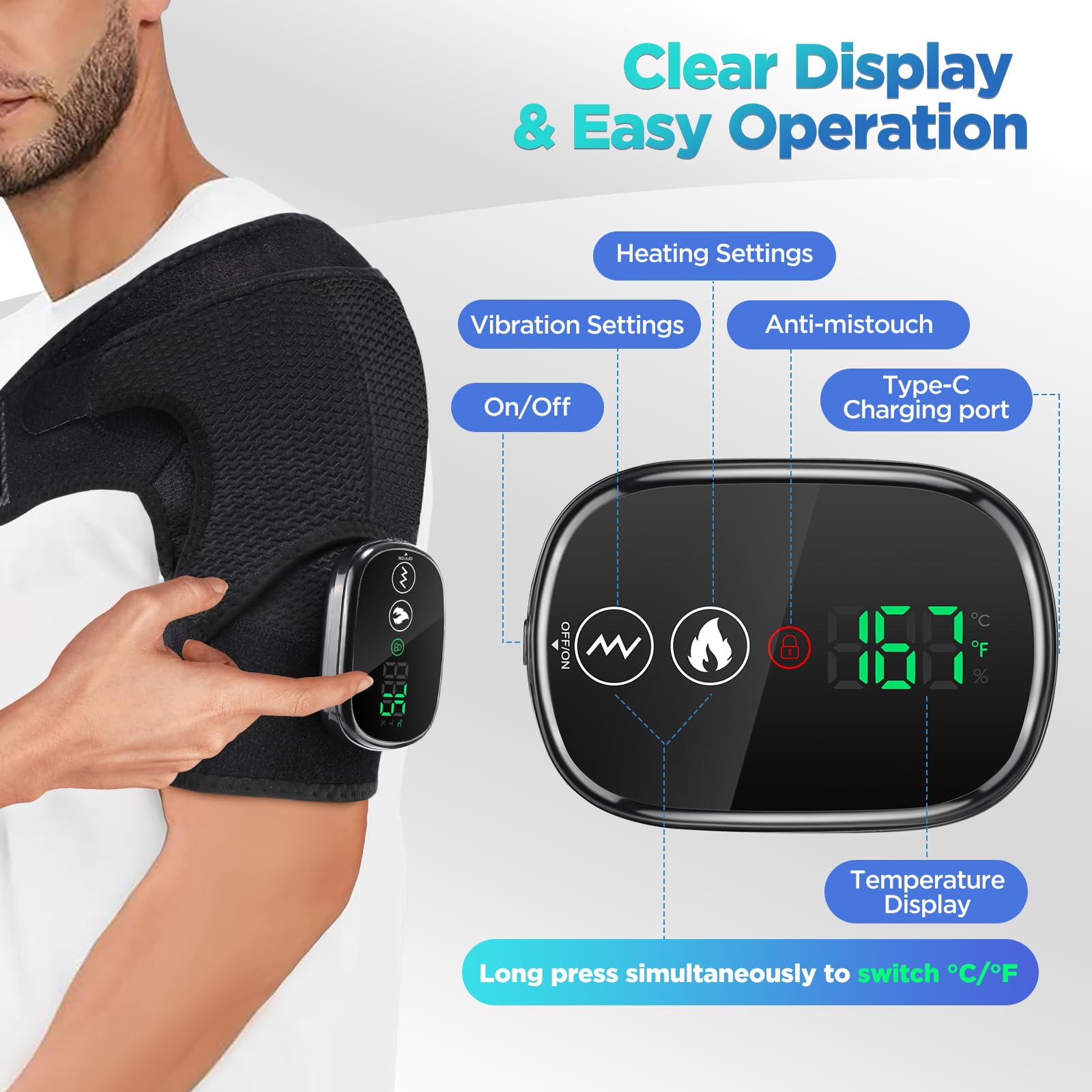 Cordless Shoulder Heating Pad & Massager with Vibration, Rechargeable