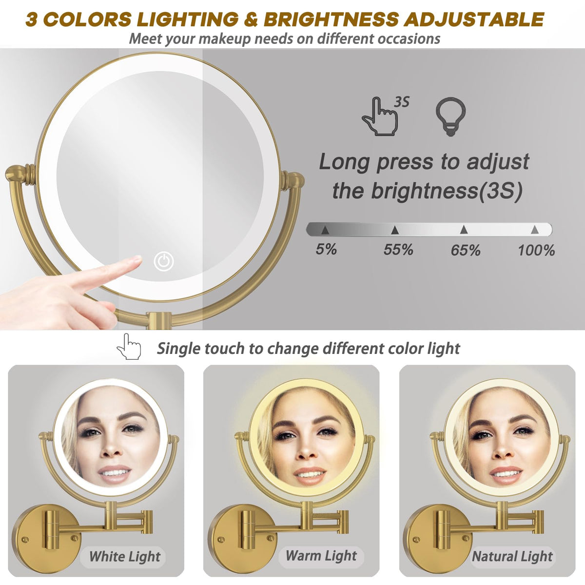 8 Magnifying Makeup Mirror Wall Mounted with Lights Brushed - LEDOOLE Official Imagery - 6
