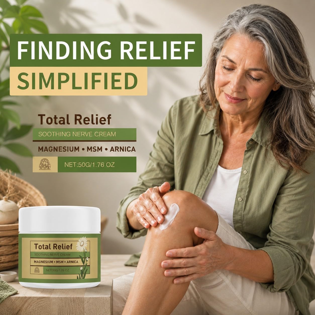 UKJGDI Magnesium MSM Arnica soothing body cream in 1.76 oz jar, moisturizing skin with natural ingredients for relaxation and relief.
