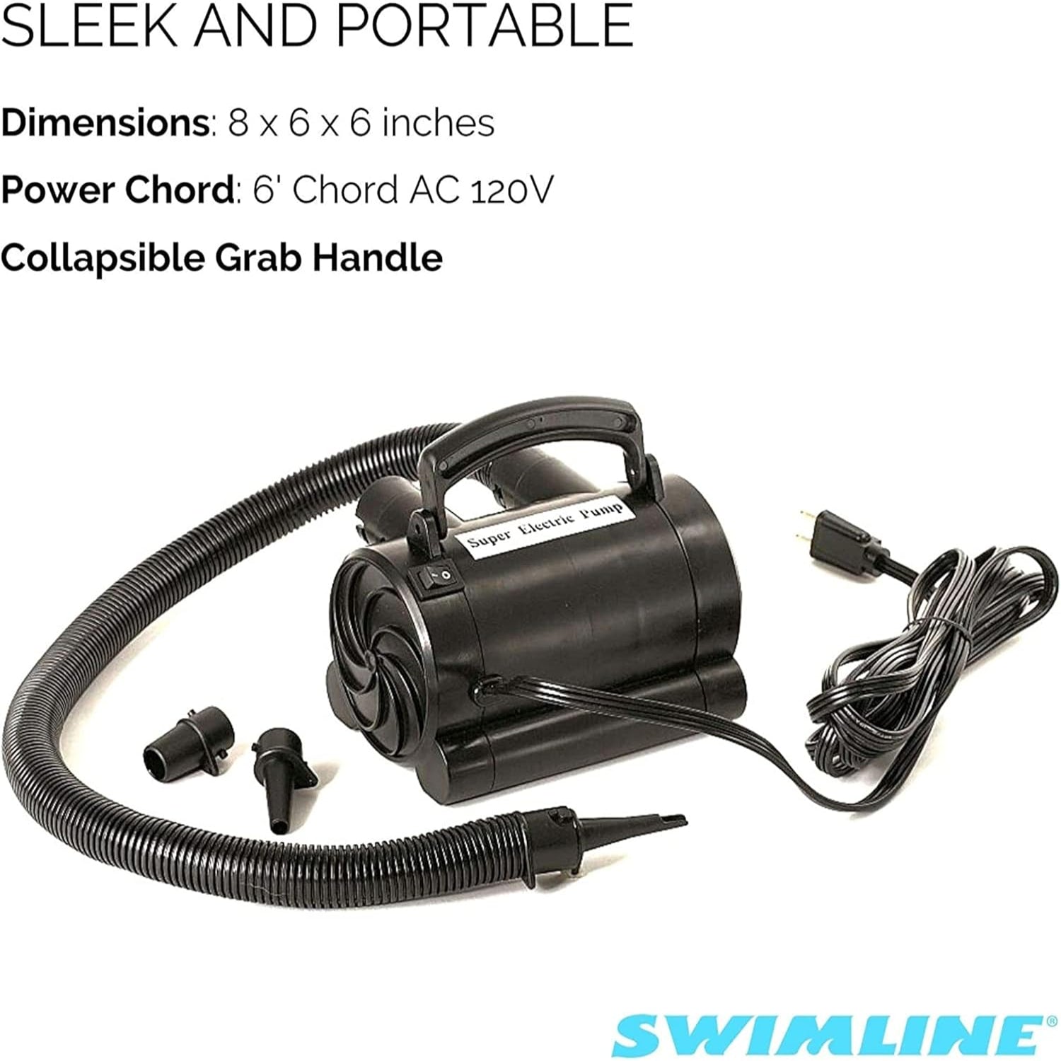 Swimline electric pump for inflatables, compact and portable, with nozzle attachments for quick inflation and deflation of pool toys.
