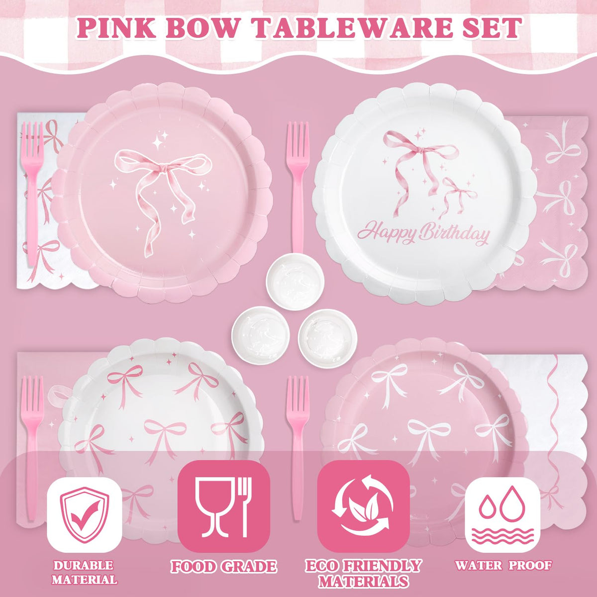 300 Pcs Pink Bow Plates Cups Napkins and Tableware Sets for - Kinovo Official Imagery - 6