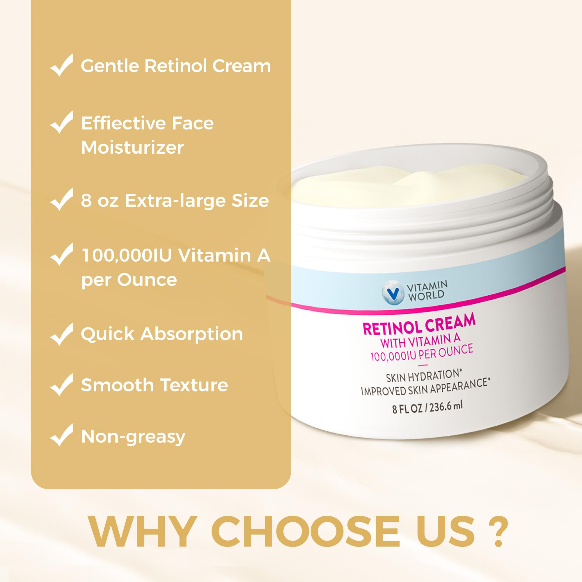 Vitamin World Retinol Cream with Vitamin A 100,000IU, Face Moisturizer 8 OZ - Vitamin World Official Product View 7