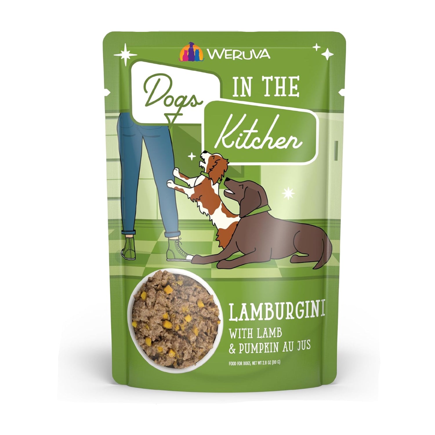 Weruva Dogs in The Kitchen Lamburgini dog food pouch with lamb and pumpkin au jus, 2.8oz, pack of 12, in green packaging