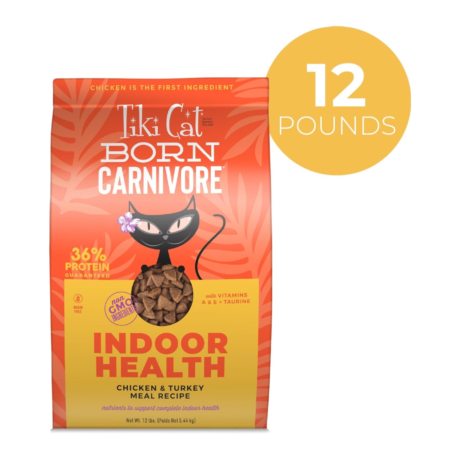Tiki Cat Born Carnivore Indoor Health dry cat food bag with chicken and turkey meal for indoor cats, 12 lbs.