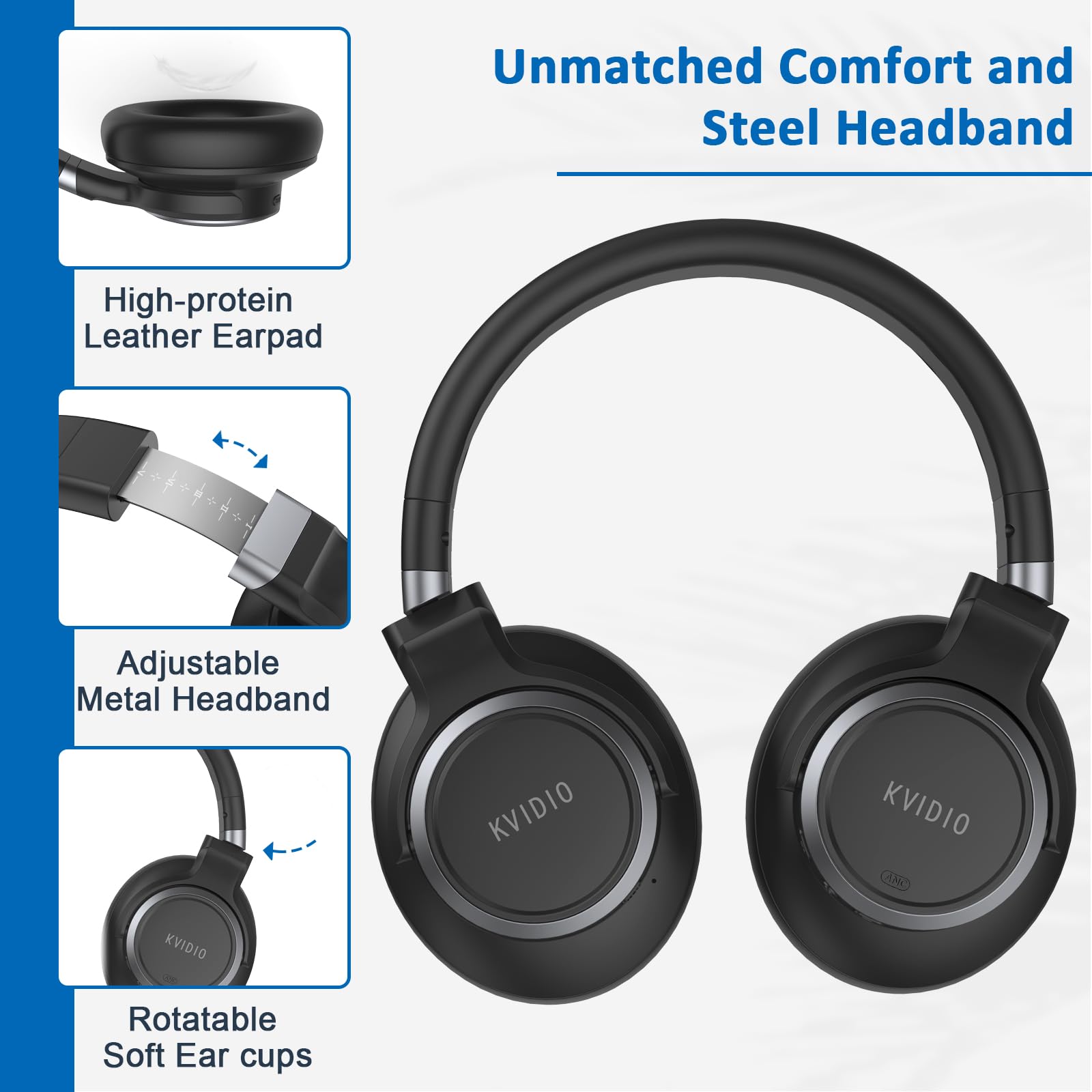 KVIDIO active noise cancelling wireless headphones with over-ear design, deep bass, microphone, and 70-hour playtime for travel and office use.