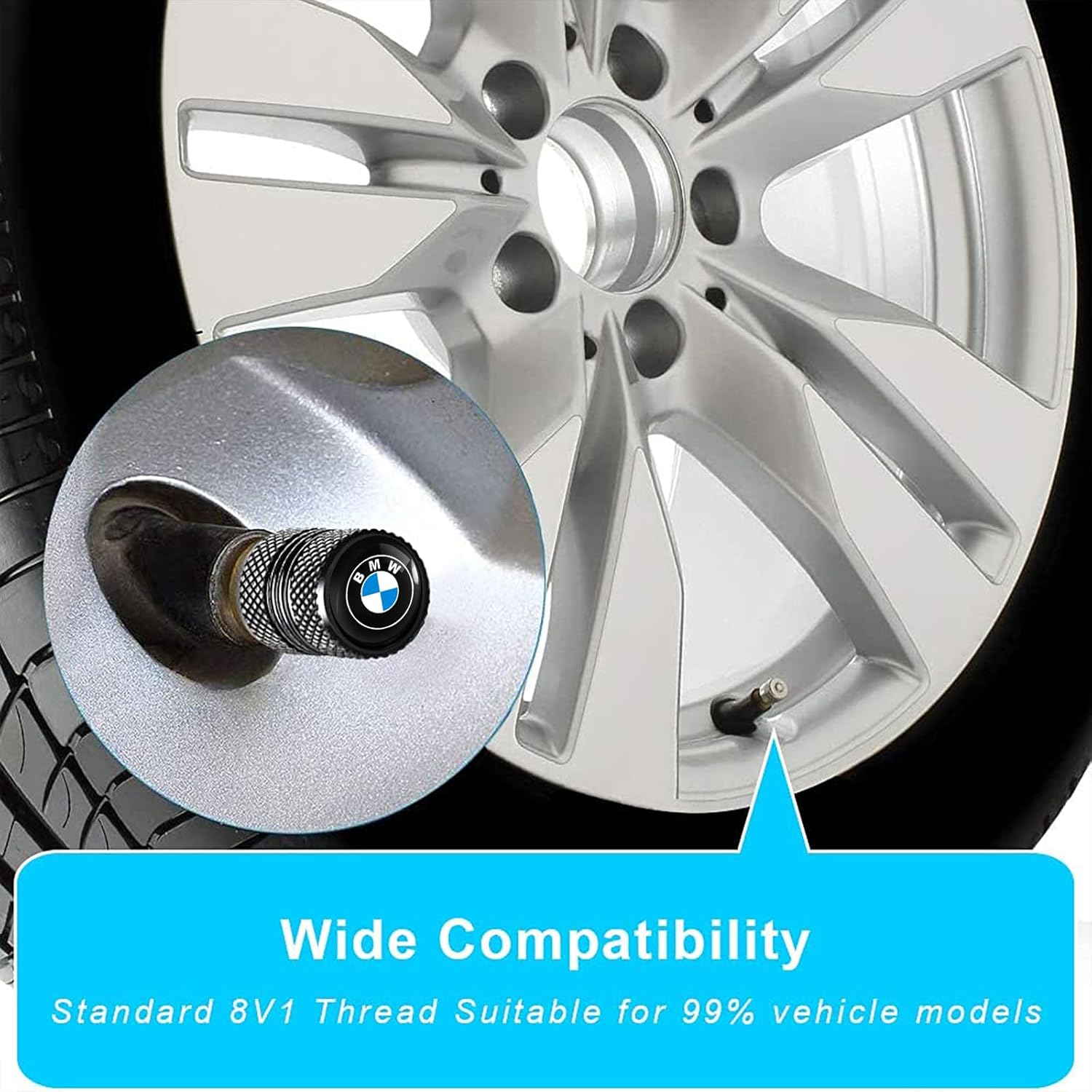 Set of four black BMW tire valve stem cap covers with corrosion-resistant O-ring seals, designed for car accessories by Xpress Sports.
