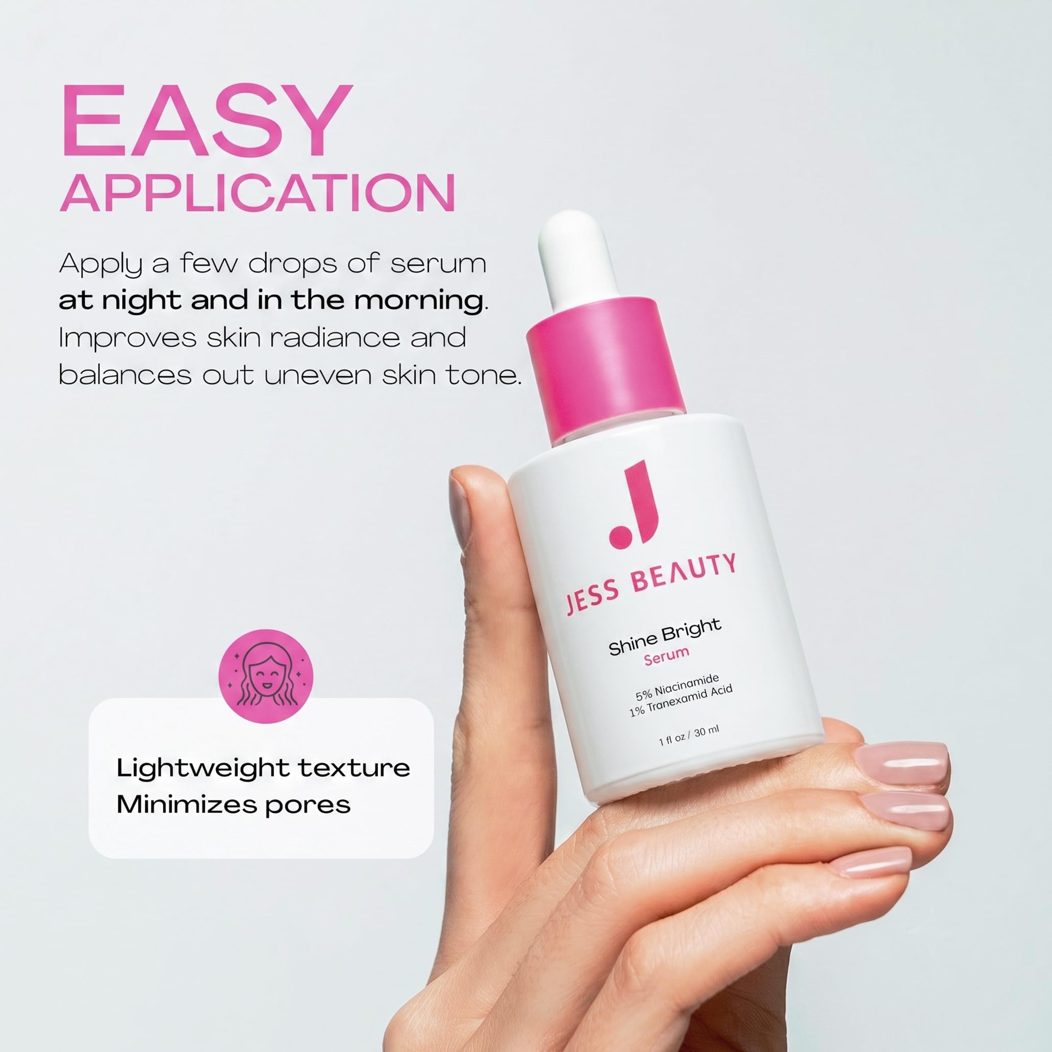 JESS BEAUTY | Shine Bright Serum | Niacinamide & Tranexamic Acid | for Dark Spots, Uneven Skin Tone & Radiant Glow | Hydrating & Brightening, Beta-Glucan & Centella Asiatica | Korean Skincare 1 fl oz - JESS BEAUTY Official Product View 6