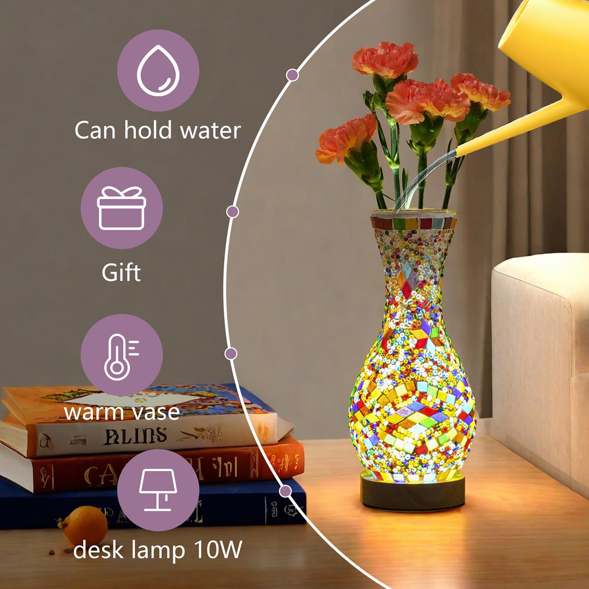 Mosaic Vase Lamp Turkish Table Lamp with Wood Base USB LED - JAITAIK Official Imagery - 3