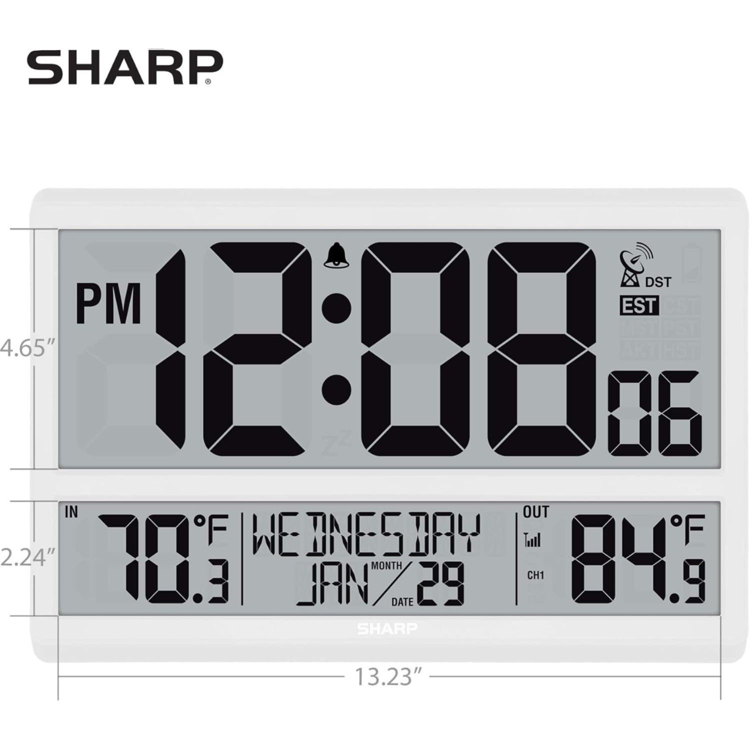 Sharp atomic clock with easy-to-read numbers, indoor/outdoor display, and never needs setting for accurate time.