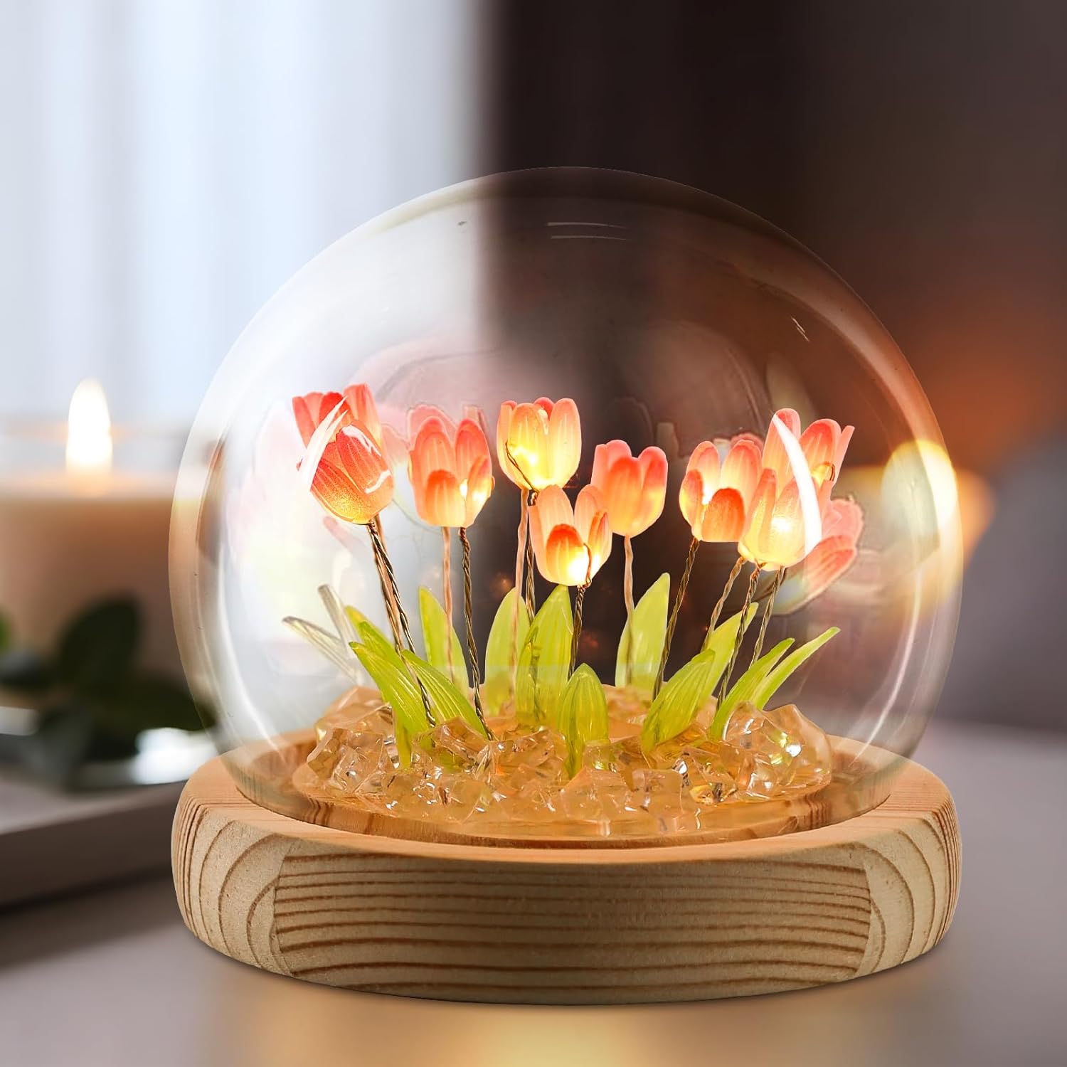 ONXE tulips night light with a cute flower lamp design inside a glass dome, ideal for romantic home room decor.