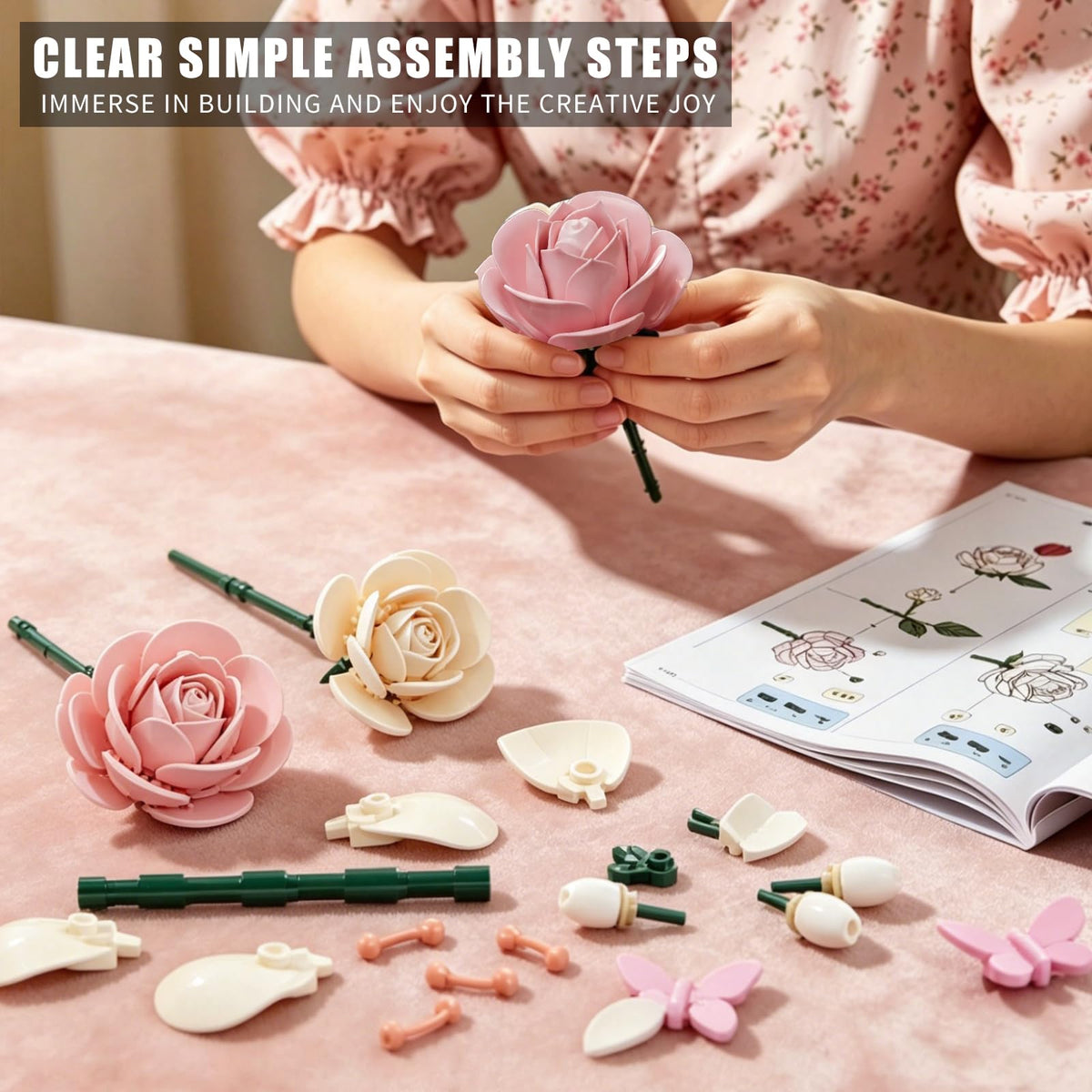 Pink Red Rose Flower Bouquet Building Set 645PCS Moonlit - CISSIGIRL Official Imagery - 6