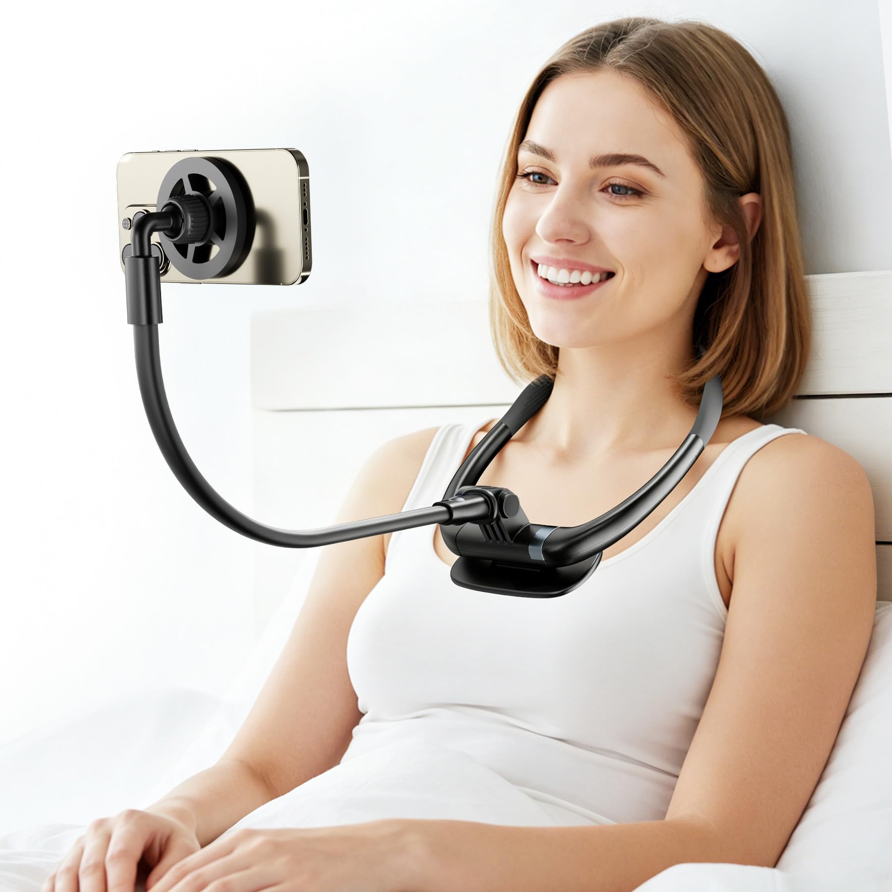 LenTok magnetic neck phone holder for iPhone, comfortable around the neck, ideal for reading, recording, and watching movies.