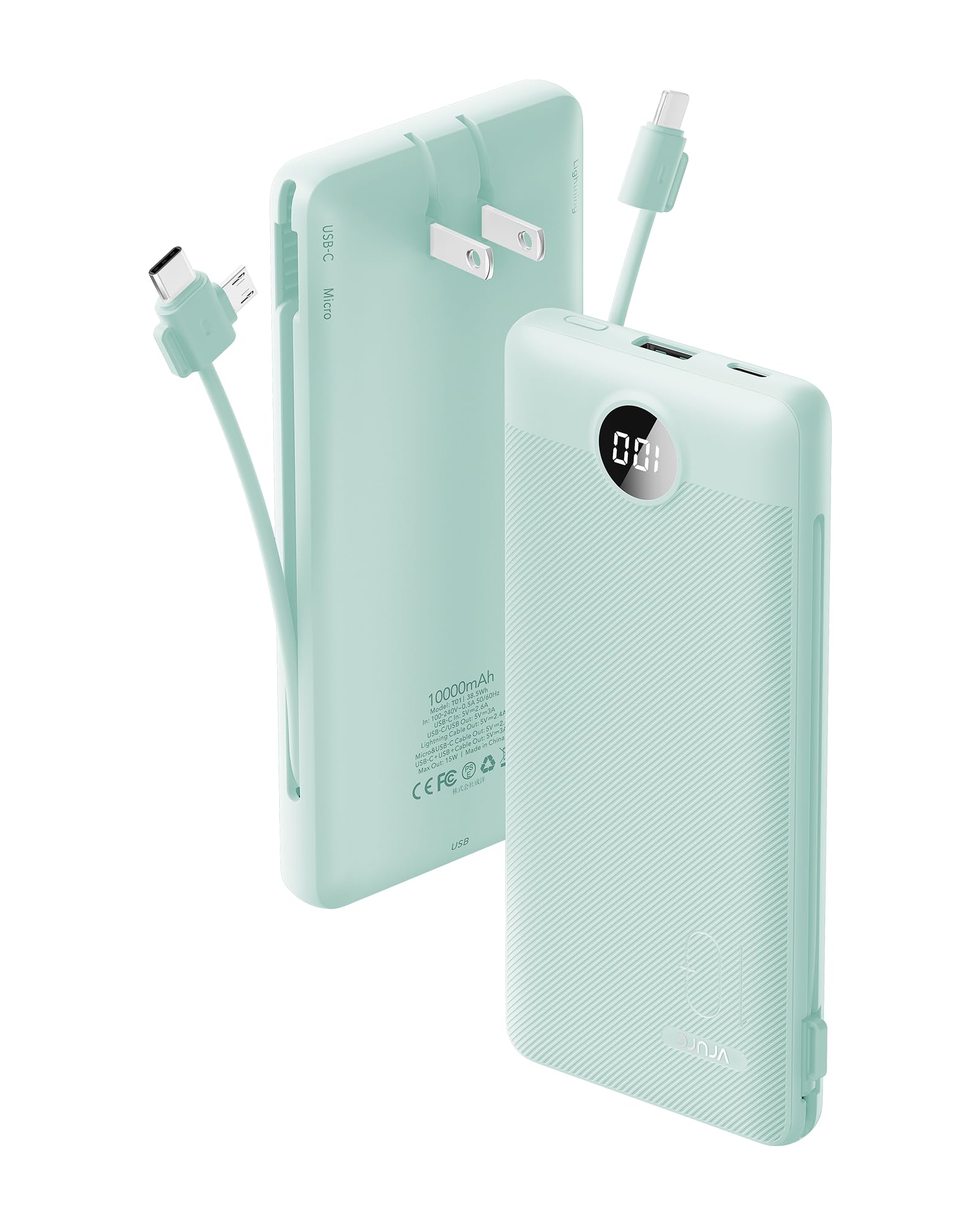 VRURC Portable Charger Built-in Cables and AC Wall Plug, USB C Po - VRURC Official Product View 1