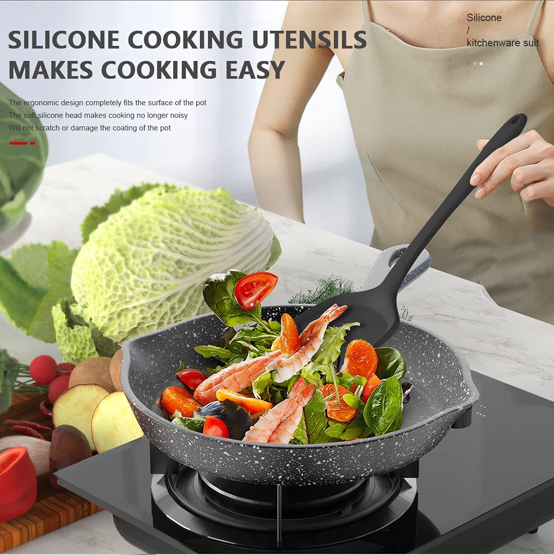 AOTHOD Silicone Cooking Utensils Set - 446°F Heat Resistant Kitch by AOTHOD - Angle View 7