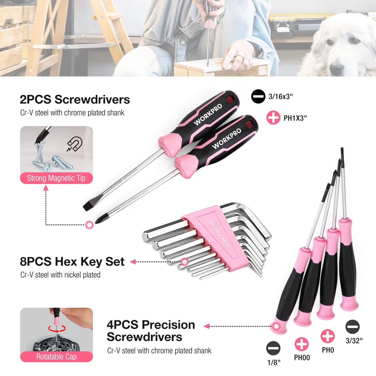 WORKPRO 258PCS Pink Tool Set Portable Home Basic Tool Kit - WORKPRO Official Imagery - 6