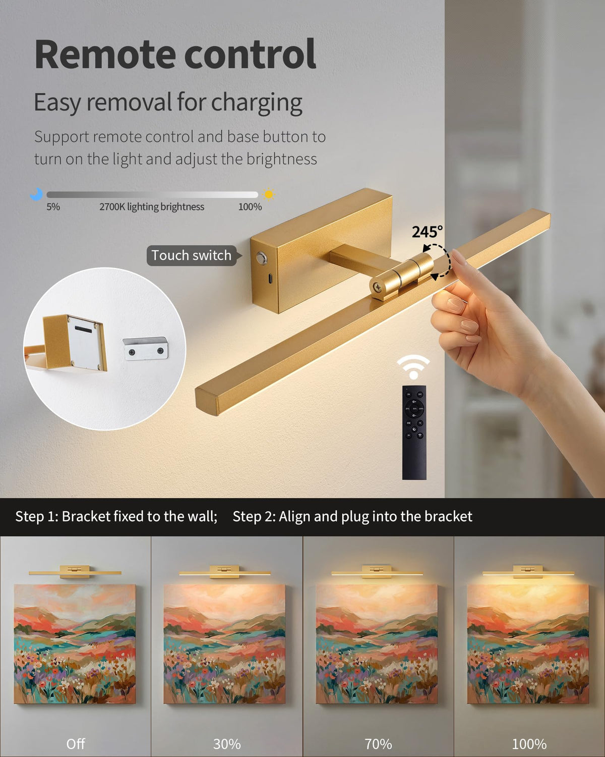Picture Lights Set of 2 Gold Cordless 15 7 inch Wall Mount - PUSU Official Imagery - 5