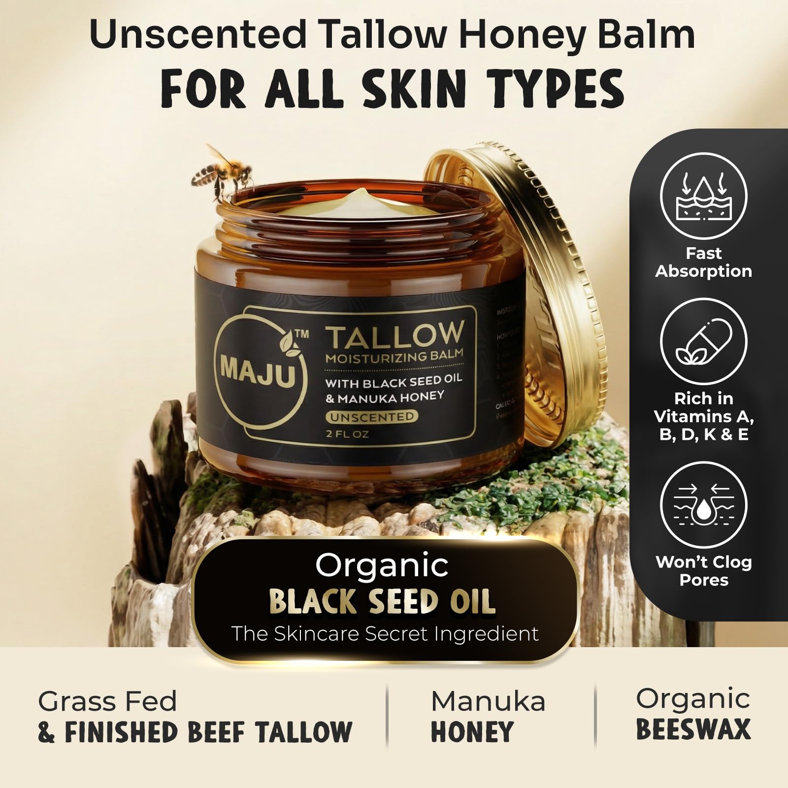 MAJU Beef Tallow Manuka Honey Balm Unscented Grass Fed Beef - Maju Superfoods Official Imagery - 3