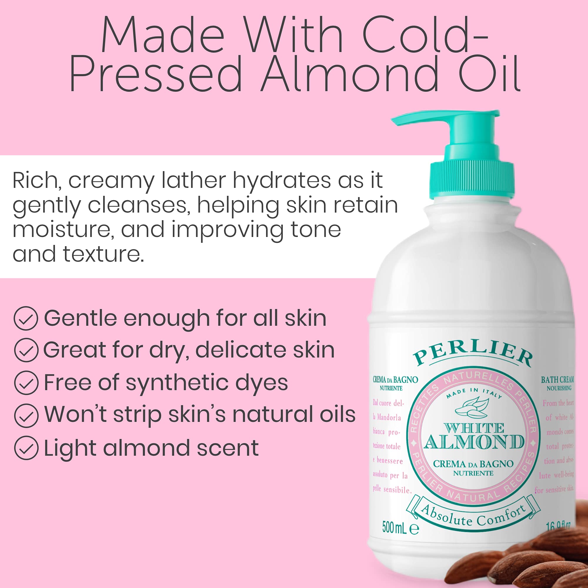 Perlier White Almond Shower & Bath Cream - Nourishing & Soothing Luxury Bath Cream Made with Almond Oil for Deep Moisturization and Hydration (16.9 Fluid Oz.)