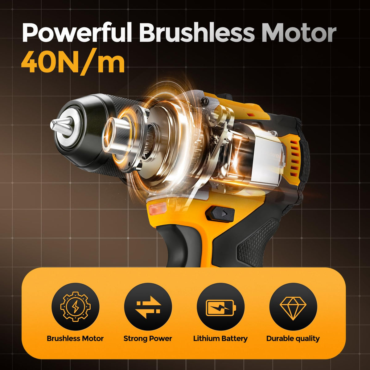 Yellow 21V Cordless Drill Brushless Motor Tool Kit Set - AOWEI Official Imagery - 3