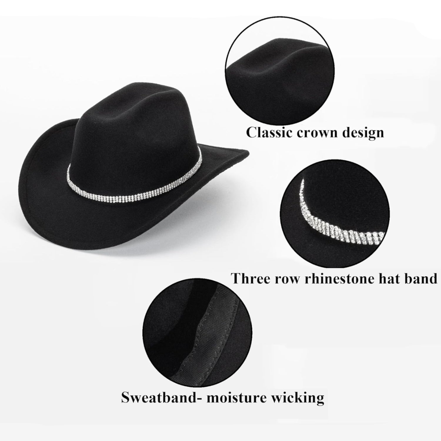 Silver and black glitter cowboy hat for women with rhinestone accents, western style cowgirl hat in size M-L by CXQRR